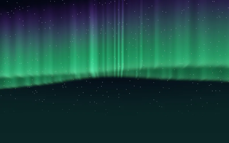 Aurora shader preview: The northern lights folding over a starry sky, green below and violet above.
