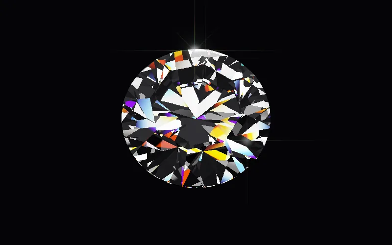 Diamond shader preview: A cut gem turning in studio light, throwing rainbow fire and star-shaped glints.