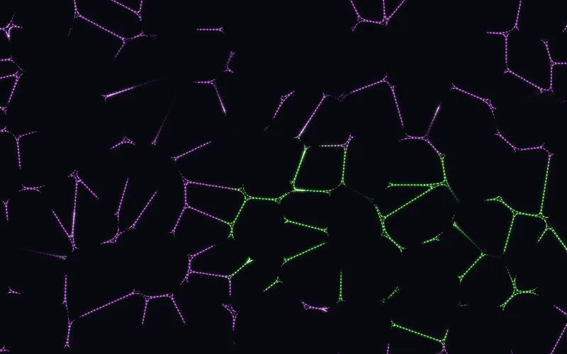 Cells shader preview: A living Voronoi network in fine dotted hairlines, with signals running along its edges.