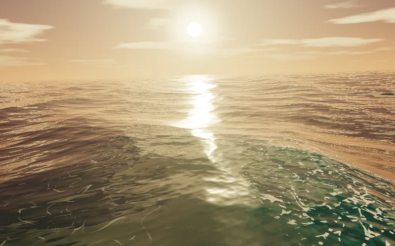 Ocean shader preview: Open sea to the horizon, with a path of sun across the swell.