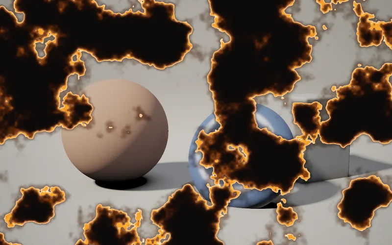 Dissolve shader preview: An image or element smouldering in spots or burning away behind a glowing ember edge.