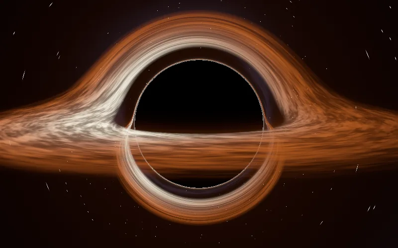 Black Hole shader preview: A black hole bending light around it, its glowing disc lensed over the top of its shadow.