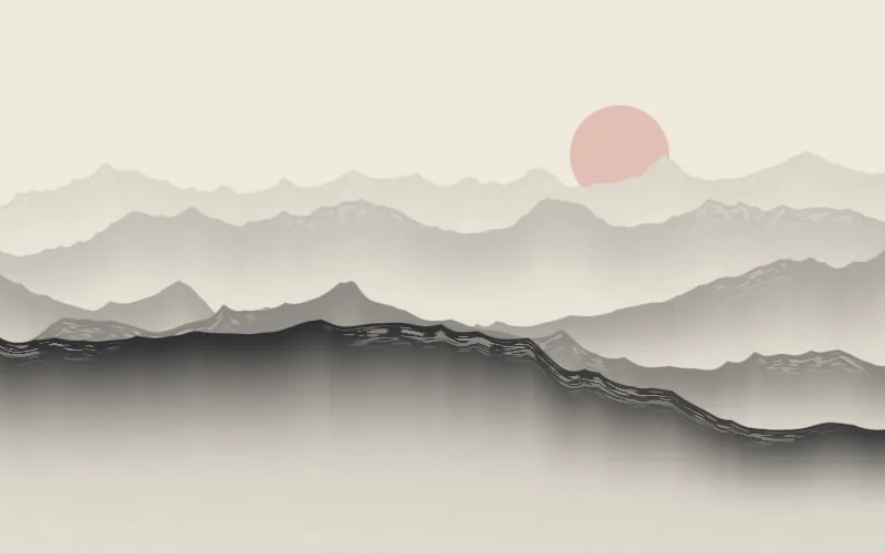 Sumi-e Mountains shader preview: Mountains in ink wash: ridge behind ridge, fading into mist.
