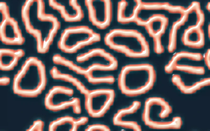 Coral shader preview: Living reaction–diffusion patterns, grown from seeds and lit like wet enamel.