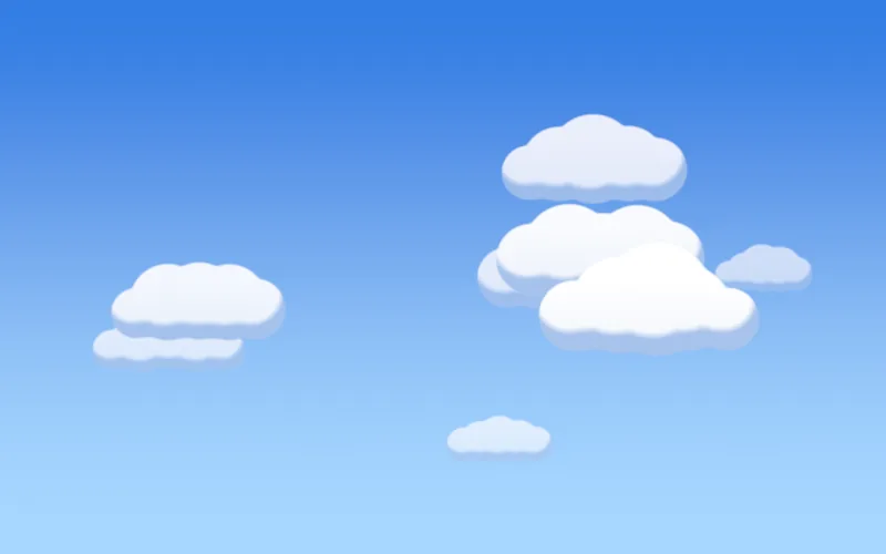 Bubbly Clouds shader preview: Puffy cartoon clouds in a bright blue sky, drifting past, receding, or flying through.