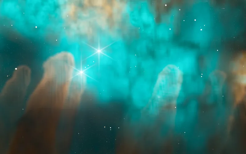 Nebula shader preview: A slow drift through a stellar nursery: glowing gas, dark dust and young stars with telescope spikes.