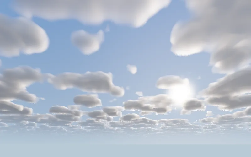 Clouds shader preview: A sky of real clouds, lit by the sun, with silver linings and warm sunsets.