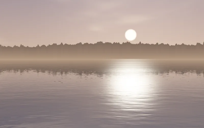 Lake shader preview: A still lake mirroring the sky and a far line of trees.