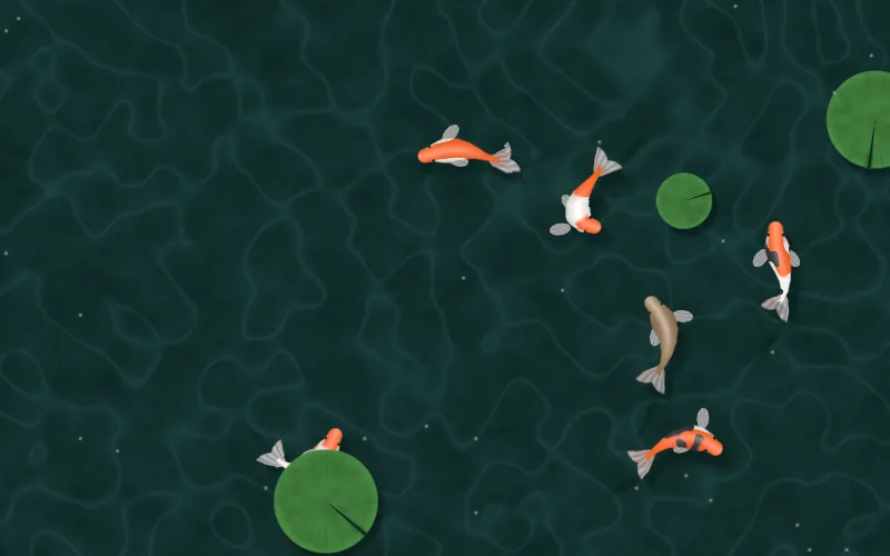 Koi Pond shader preview: Koi gliding through a pond from above, slipping under lily pads and darting from the pointer.